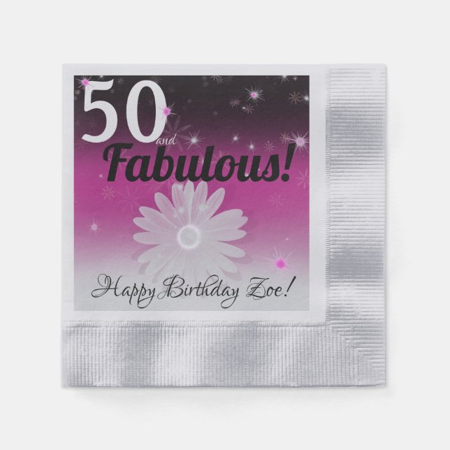 50 and Fabulous black, pink, and white with stars Napkin (Front)