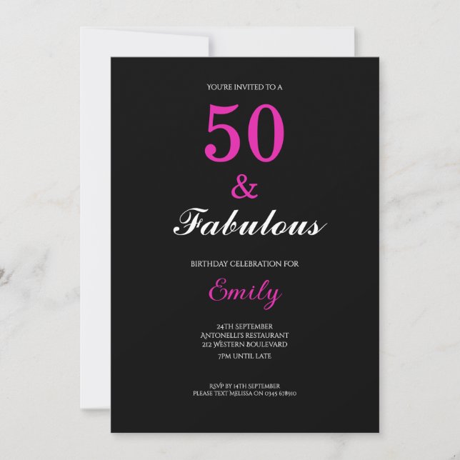 50 and Fabulous Black Pink Birthday Invitation (Front)