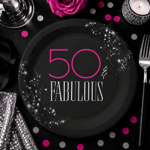 50 and Fabulous Black Pink Glam Sparkle Birthday Paper Plate