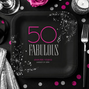 50 and Fabulous Black Pink Glam Sparkle Birthday Paper Plate