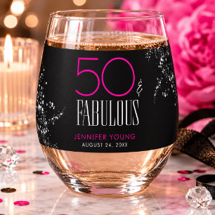 50 and Fabulous Black Pink Glam Sparkle Birthday Stemless Wine Glass