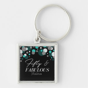 50 and Fabulous Black, Teal, Silver Key Ring