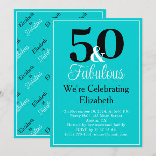 50 and Fabulous Black Turquoise Blue White Border Invitation