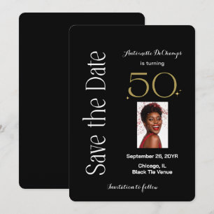 50 and Fabulous Black White Gold Birthday Party Save The Date