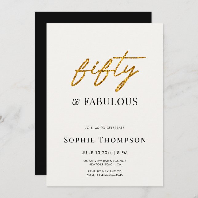 50 and Fabulous Black White Gold Modern Birthday Invitation (Front/Back)