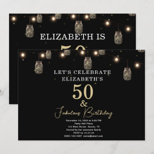 50 and Fabulous Black with String Lights Invitation