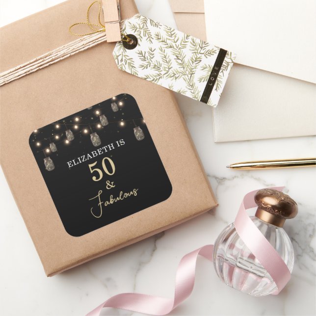 50 and Fabulous Black with String Lights Square Sticker (Gifting)