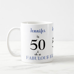 50 and Fabulous Blue and Black Name Coffee Mug