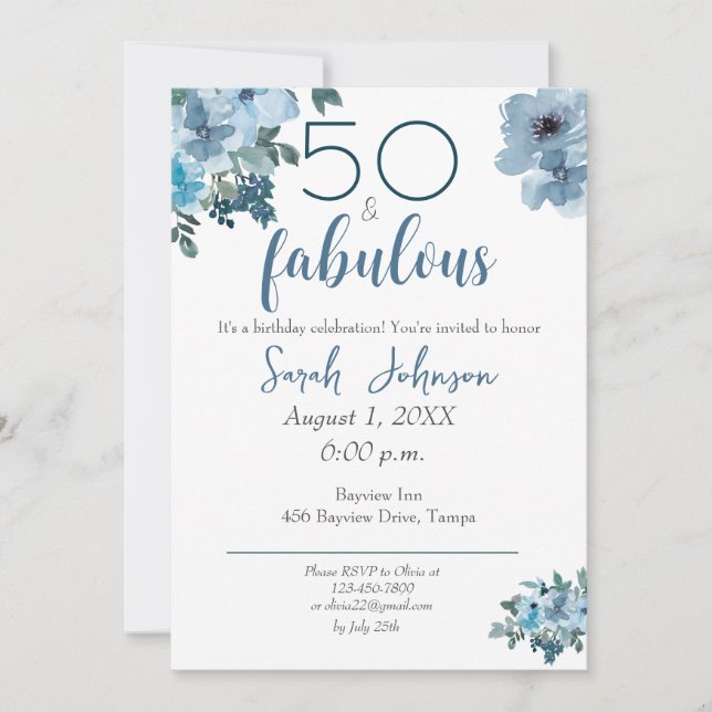 50 and Fabulous Blue Floral Elegant Watercolor  Invitation (Front)