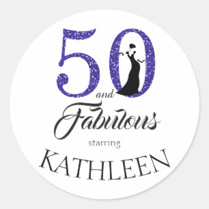 50 and Fabulous Blue Glitter Custom Name Classic Round Sticker