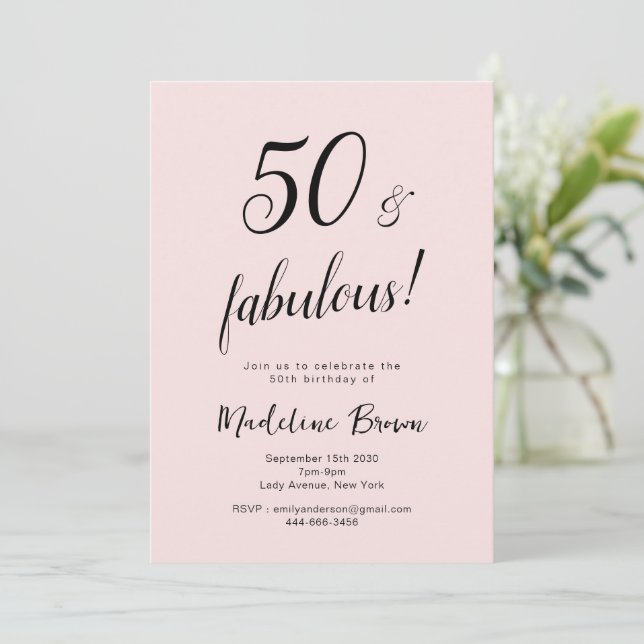 50 and Fabulous Blush Pink Black 50th Birthday Invitation (Standing Front)