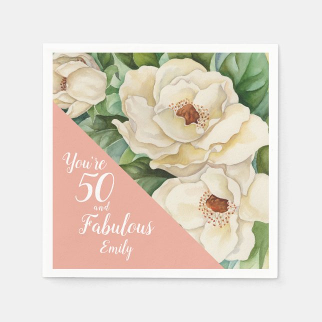 50 And Fabulous Blush Pink Floral Magnolia Name Napkin (Front)