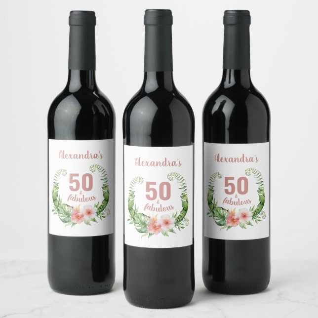 50 and fabulous blush pink modern personalised wine label (Bottles)