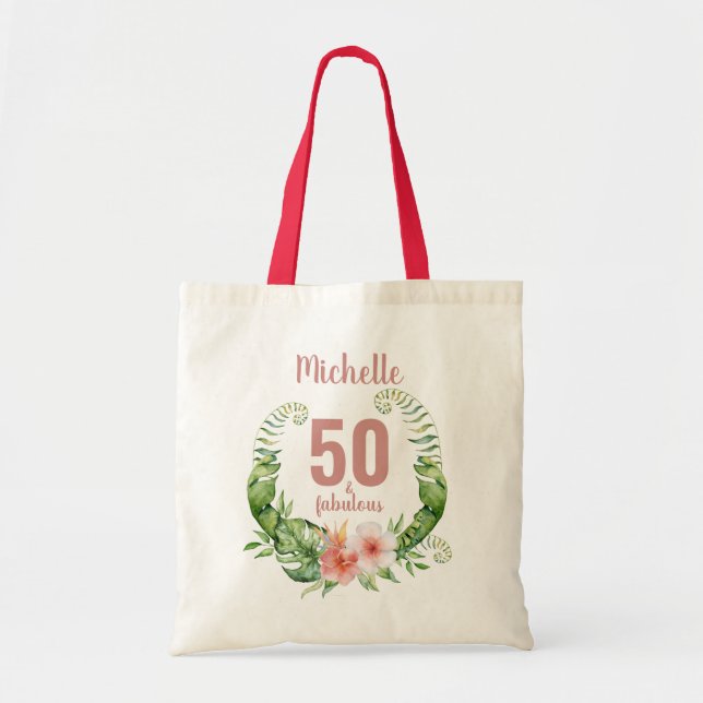50 and fabulous blush pink personalized birthday tote bag (Front)