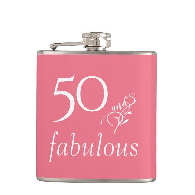 50 and fabulous Blush Rose 50th Birthday Hip Flask (Front)