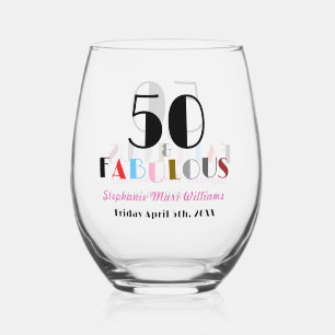 50 and Fabulous Bold Art Deco 50th Birthday Party Stemless Wine Glass