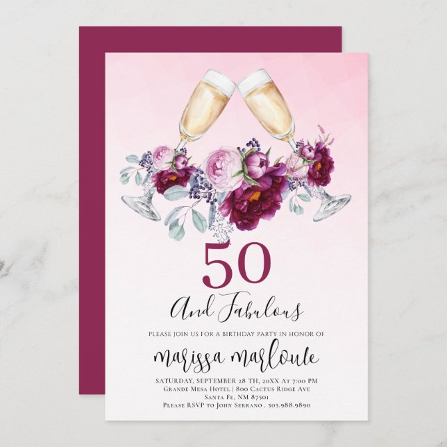50 And Fabulous Champagne Glasses Floral Birthday  Invitation (Front/Back)
