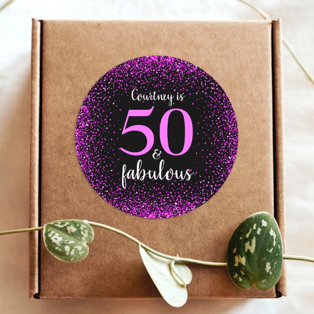 50 and fabulous chic hot pink black monogram name classic round sticker (Creator Uploaded)