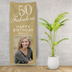 50 and Fabulous Chic Script Golden Photo Party  Banner