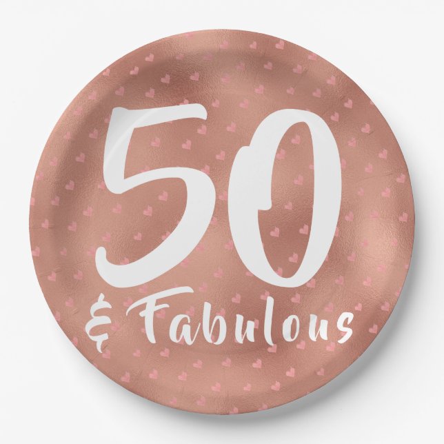 50 and Fabulous Copper  Hearts Birthday  Paper Plate (Front)
