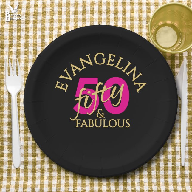 50 and Fabulous Custom Name Fiftieth Birthday Paper Plate (50 and Fabulous 50th birthday paper plate with custom name. Ideal for fiftieth birthday celebrations)
