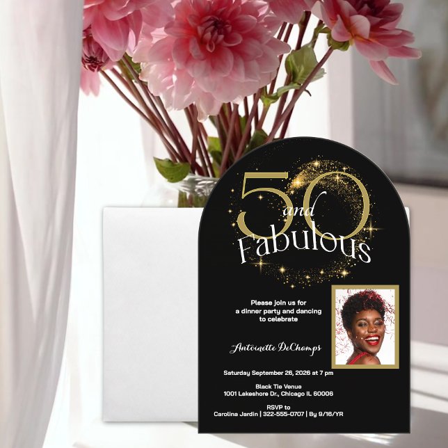 50 and Fabulous Customised Single Photo Black Gold Acrylic Invitations (Classy 50 and Fabulous Black Gold Glitter Elegant White Script Acrylic Arch Invitation)