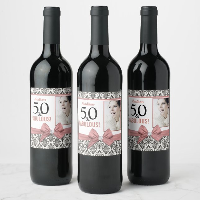 50 and fabulous damask and bow birthday party wine label (Bottles)