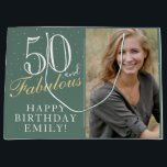 50 and Fabulous Elegant 50th Birthday Photo Large Gift Bag<br><div class="desc">50 and Fabulous Elegant 50th Birthday Photo Gift Bag. 50 and fabulous text in trendy script with a name on a green background. Personalise it with your photo,  name and the age. It`s a great personalised photo gift bag for a woman`s birthday.</div>