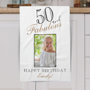 50 and Fabulous Elegant 50th Birthday Photo Tea Towel