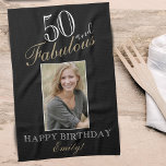 50 and Fabulous Elegant 50th Birthday Photo  Tea Towel<br><div class="desc">50 and Fabulous Elegant 50th Birthday Photo kitchen towel. Elegant script in white and golden colours. Add your name and photo.</div>