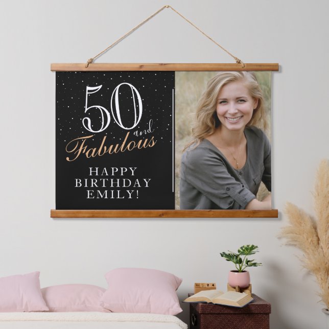 50 and Fabulous Elegant Black 50th Birthday Photo  Hanging Tapestry (Bedroom)