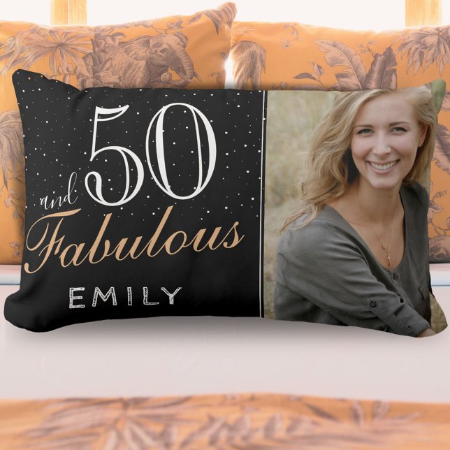 50 and Fabulous Elegant Black 50th Birthday Photo Lumbar Cushion (Creator Uploaded)