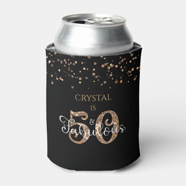 50 AND FABULOUS Elegant Copper Gold Confetti Black Can Cooler (Can Front)