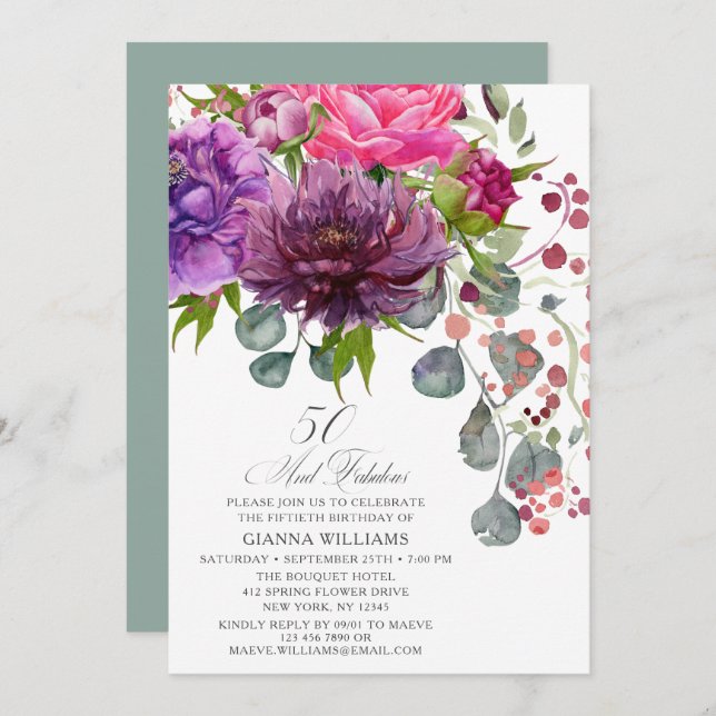 50 and Fabulous Elegant Floral 50th Birthday Invitation (Front/Back)