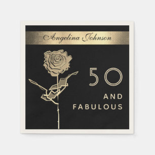50 and Fabulous Elegant Glam Black and Gold Flower Napkin