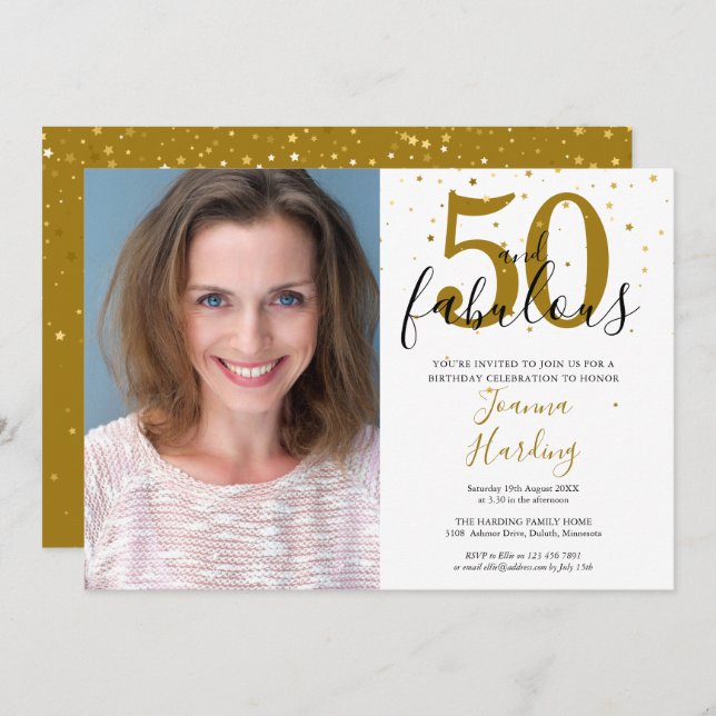 50 and Fabulous Elegant Gold Black Birthday Photo Invitation (Front/Back)