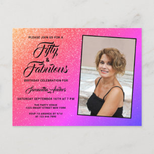 50 and Fabulous Elegant Pink Glitter Photo  Invitation Postcard