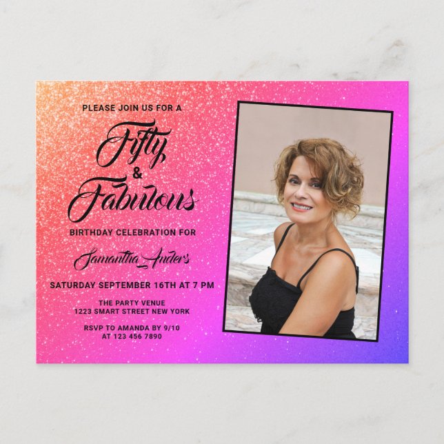 50 and Fabulous Elegant Pink Glitter Photo  Invitation Postcard (Front)