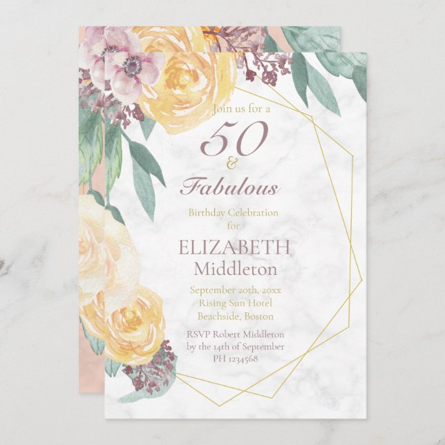50 and Fabulous Elegant Pink Marble  Birthday Invitation (Front/Back)
