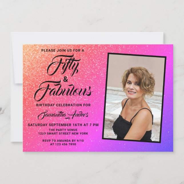 50 and Fabulous Elegant Pink Photo Birthday  Invitation (Front)