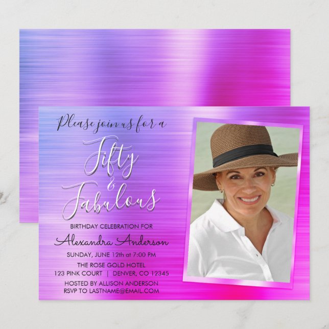 50 and Fabulous Elegant Pink Purple Photo Invitation (Front/Back)