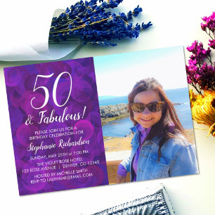 50 and Fabulous Elegant Purple Photo Birthday Invitation