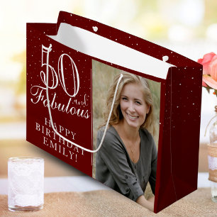 50 and Fabulous Elegant Red 50th Birthday Photo Large Gift Bag