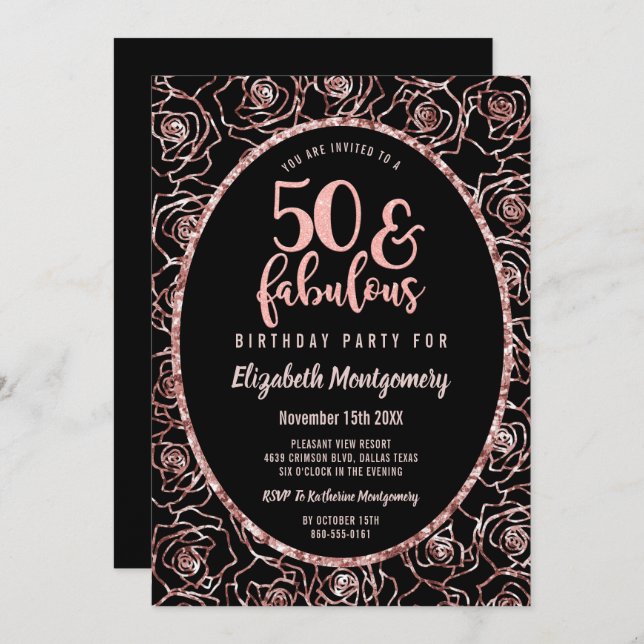 50 And Fabulous Elegant Rose Gold Birthday Party Invitation (Front/Back)