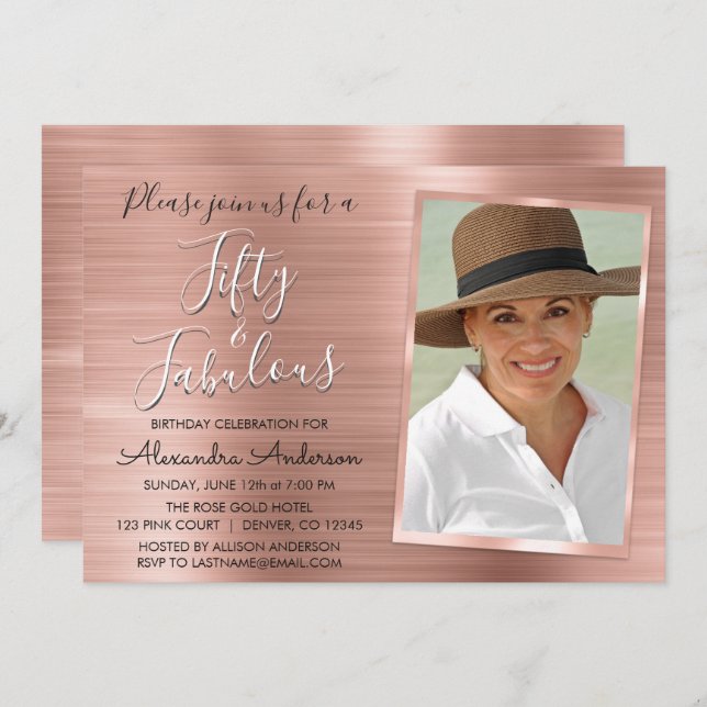 50 and Fabulous Elegant Rose Gold Blush Pink Photo Invitation (Front/Back)