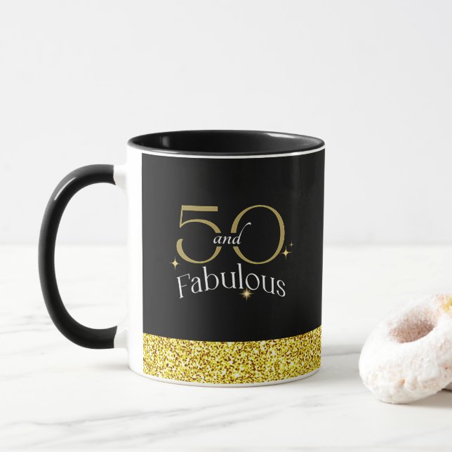 50 and Fabulous Elegant Script Black Gold Glitter Mug (With Donut)