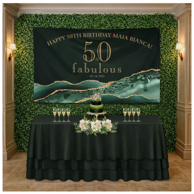 50 and Fabulous Emerald Green Agate 50th Birthday Banner (Elegant 50th birthday banner on greenery wall with dessert table)