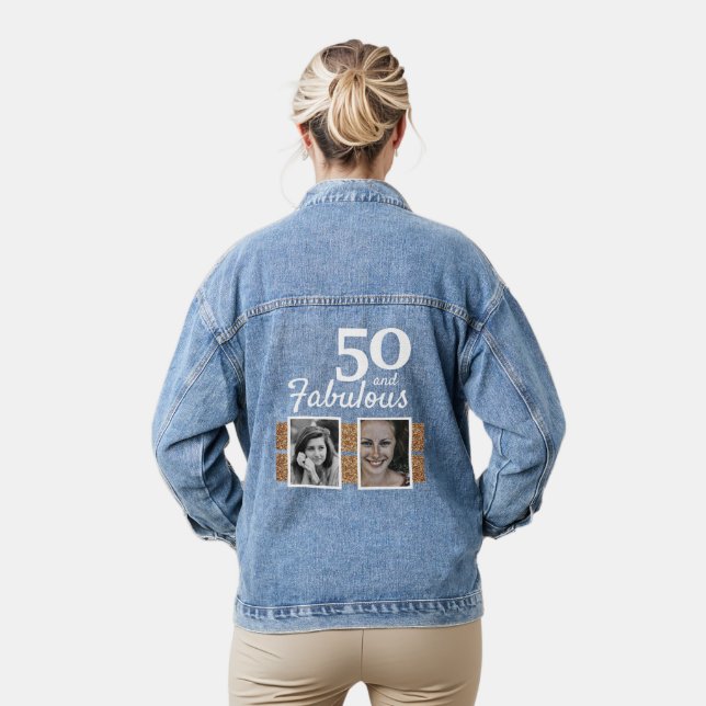 50 and Fabulous Faux Glitter 2 Photo 50th Birthday Denim Jacket (Model)