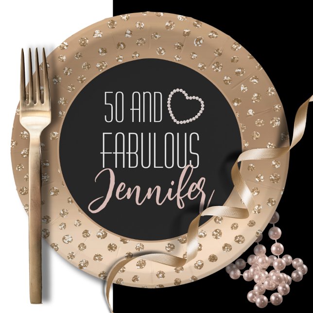 50 and Fabulous Feminine Stylish Gold Black Blush  Paper Plate (Creator Uploaded)