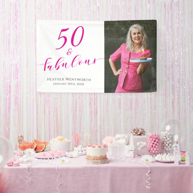50 and Fabulous Fiftieth Birthday Hot Pink Photo Banner (Party)
